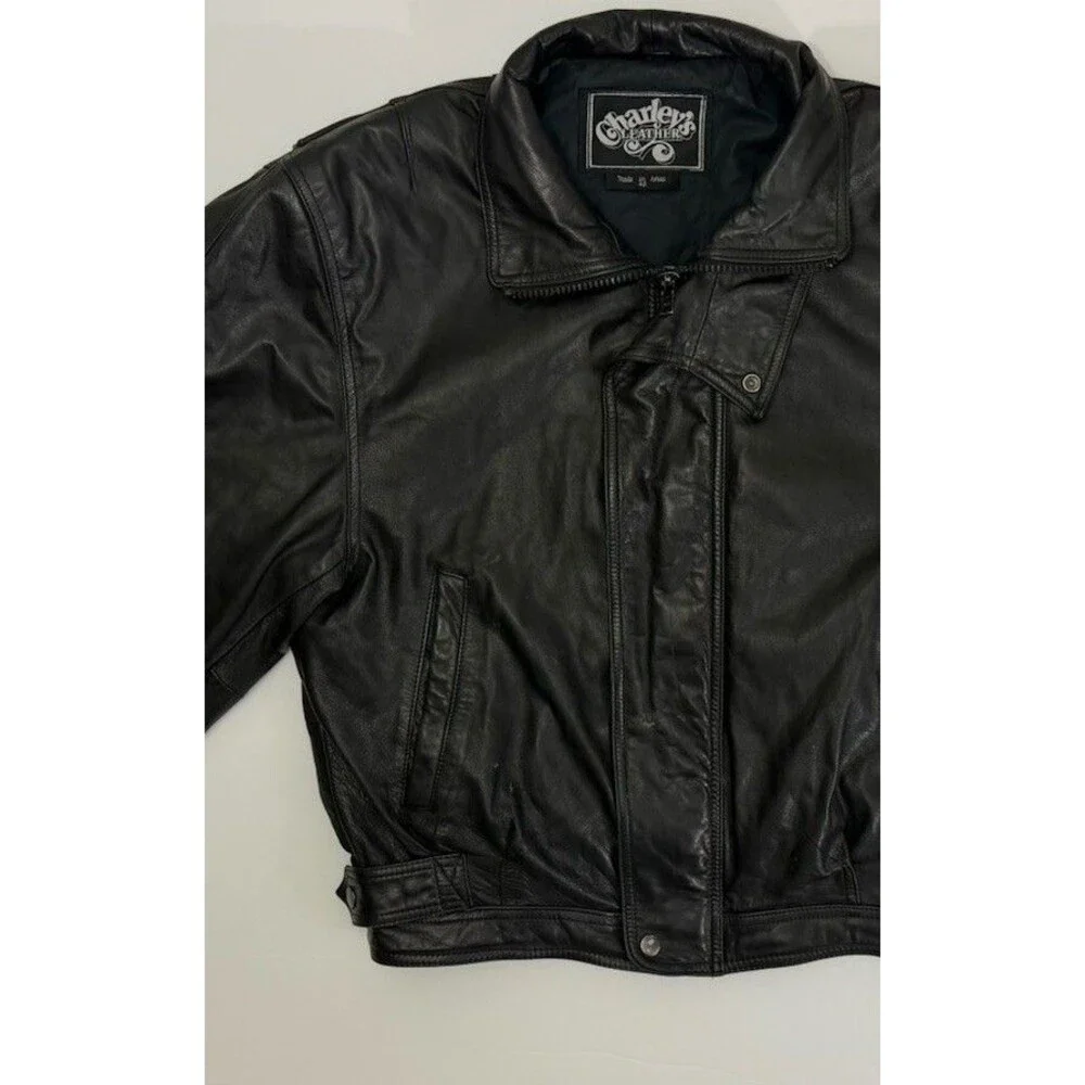 Vintage Charley's Leather Bomber Jacket Mens Sz 42 Black Full Zip Moto Movie